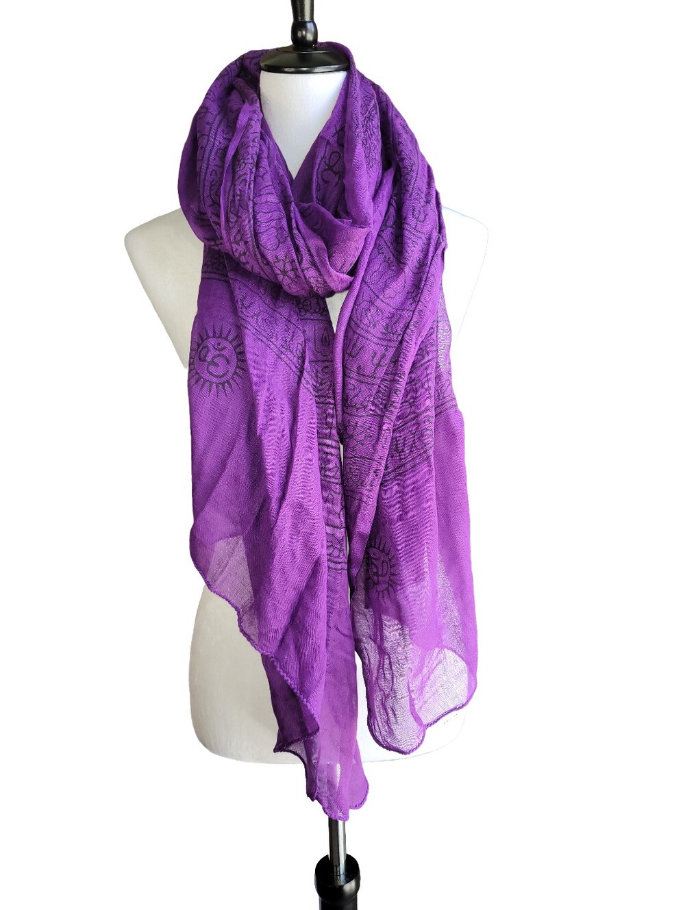 Boho Hippie Purple Black Om Sun Meditation Scarf Wrap Shawl From India Rayon